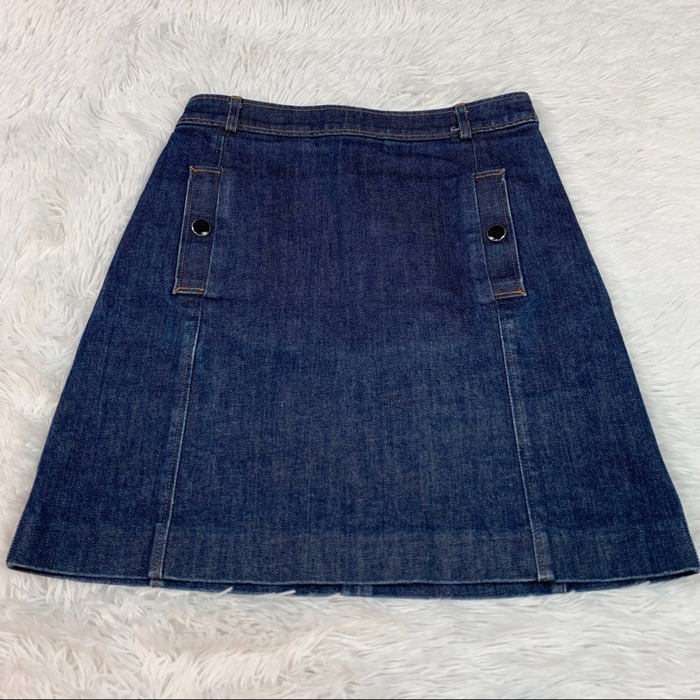 Vanessa Seward denim a-line skirt high waisted pockets dark wash solid blue - Picture 3 of 10